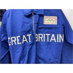 On the direct instructions of Anita Porter nee Lonsbrough Great British Olympic and Commonwealth Games gold medal winning swimmer - collection of early and international memorabilia comprising original Huddersfield Bath Club track suit top bearing eight stitched on cloth badges including British Empire & Commonwealth Games 1958 England Team, YSASA, North Eastern Counties ASA, ESSA Division 3,  English Schools Swimming Association winner etc
The swimming costume Anita wore at the 1958 Commonwealth Games in Cardiff, her first major championships, where she won two gold medals. The grey elastic on the sides, in those days, she would use to make it tighter and more streamlined.
Blue track suit from the 1960 Olympics which she wore on the podium receiving the gold medal.
1960 pool side towelling robe used at the Rome Olympics (interesting to note her name is spelt wrong on the embroidered label).
1962 Commonwealth Games pool side towelling robe used in Perth Australia when winning three Gold medals. 
It was also this year she became BBC Sports Personality of the year, the first female to do so.
Her 'lucky' pool side towel which she took with her to every event she competed in and which can be seen round her neck in many official celebratory photographs. Copies of some of these photographs are included for identification.
In addition there are two souvenir programmes of an evening event to honour Anita at The Theatre Royal Huddersfield and she has kindly signed the front cover on one of these.