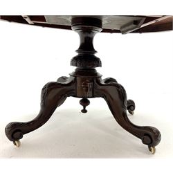 Victorian walnut oval loo table, quarter panelled top, single turned column on four acanthus carved shaped scrolling supports 