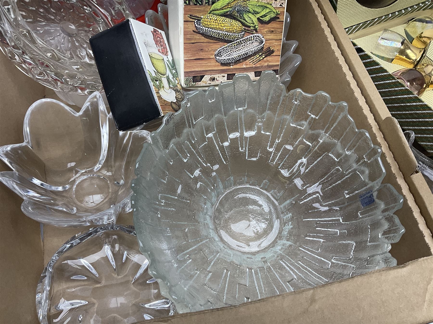 Dartington Crystal glass flower bowl, together with four similar smaller examples, two Orrefors glass bowls, collection of glass decanters, including Dartington and painted example, etc