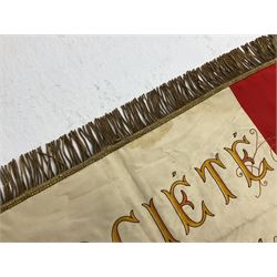 French State Police banner as the tricolor flag embroidered with coloured and metallic thread 'Societe De Secours Mutuels Un Pour Tous Tous Pour Un De La Police D'Eteat De Marseille' to one side; plain flag verso; tassels to three sides 100 x 113cm