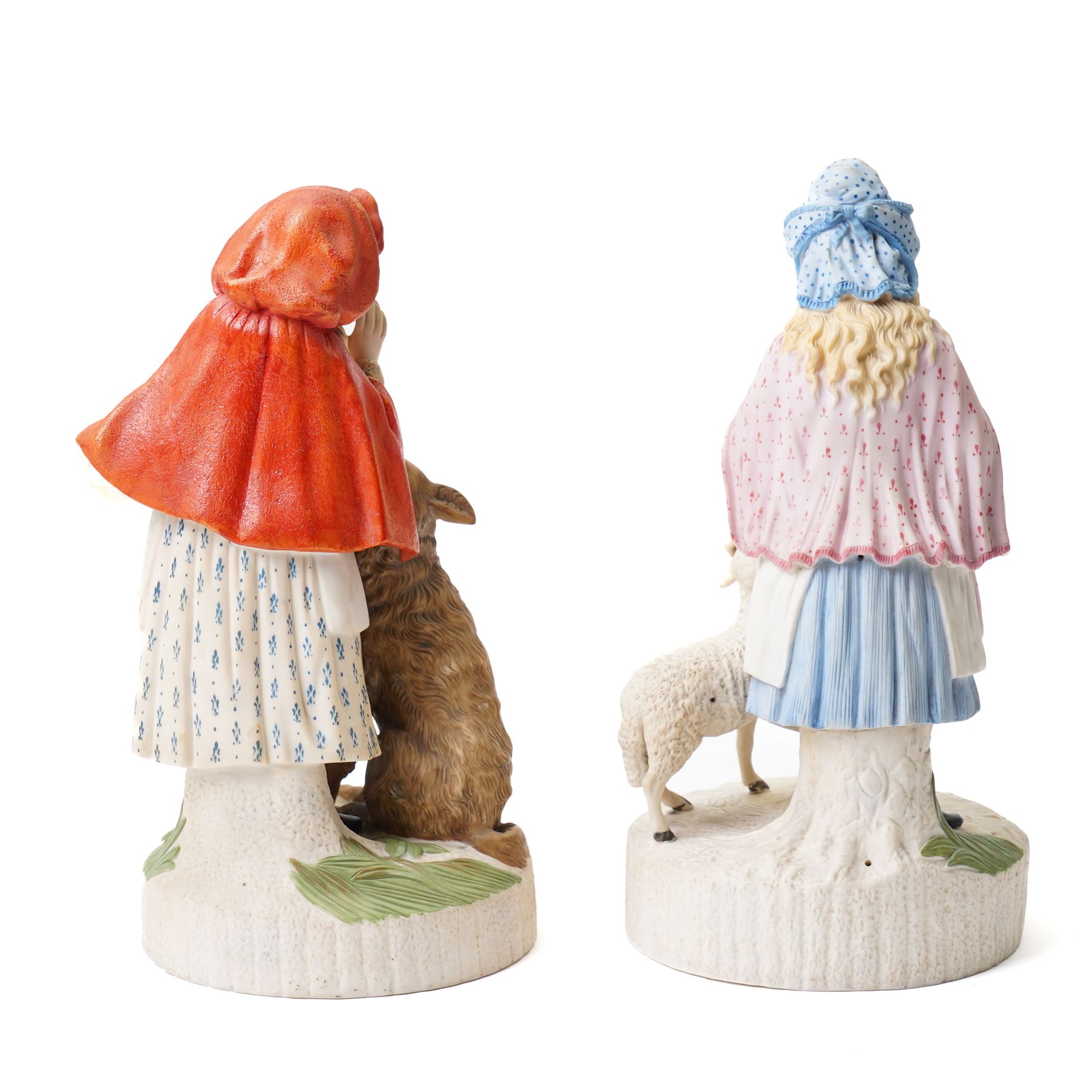 Pair of 19th century bisque figures Little Red Riding Hood and Mary had a Little Lamb H29cm