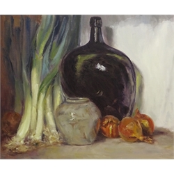 Neil Tyler (British 1945-): Still Life of Leeks and Glass Flagon, oil on canvas signed 49cm x 59cm