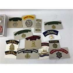 Canadian metal and cloth badges, including Princess Patricias Canadian Light Infantry, Ontario Regiment, 29th Waterloo Regiment, Grenadier Guards, Logistics, Combined Services, Saskatchewan Dragoons, Irish Regiment of Canada, Sakatoon Light Infantry etc