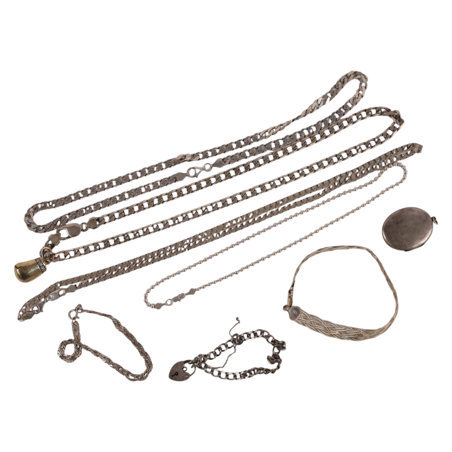 Silver chains and bracelets, including one with silver-gilt cubic zirconia boxing glove charm