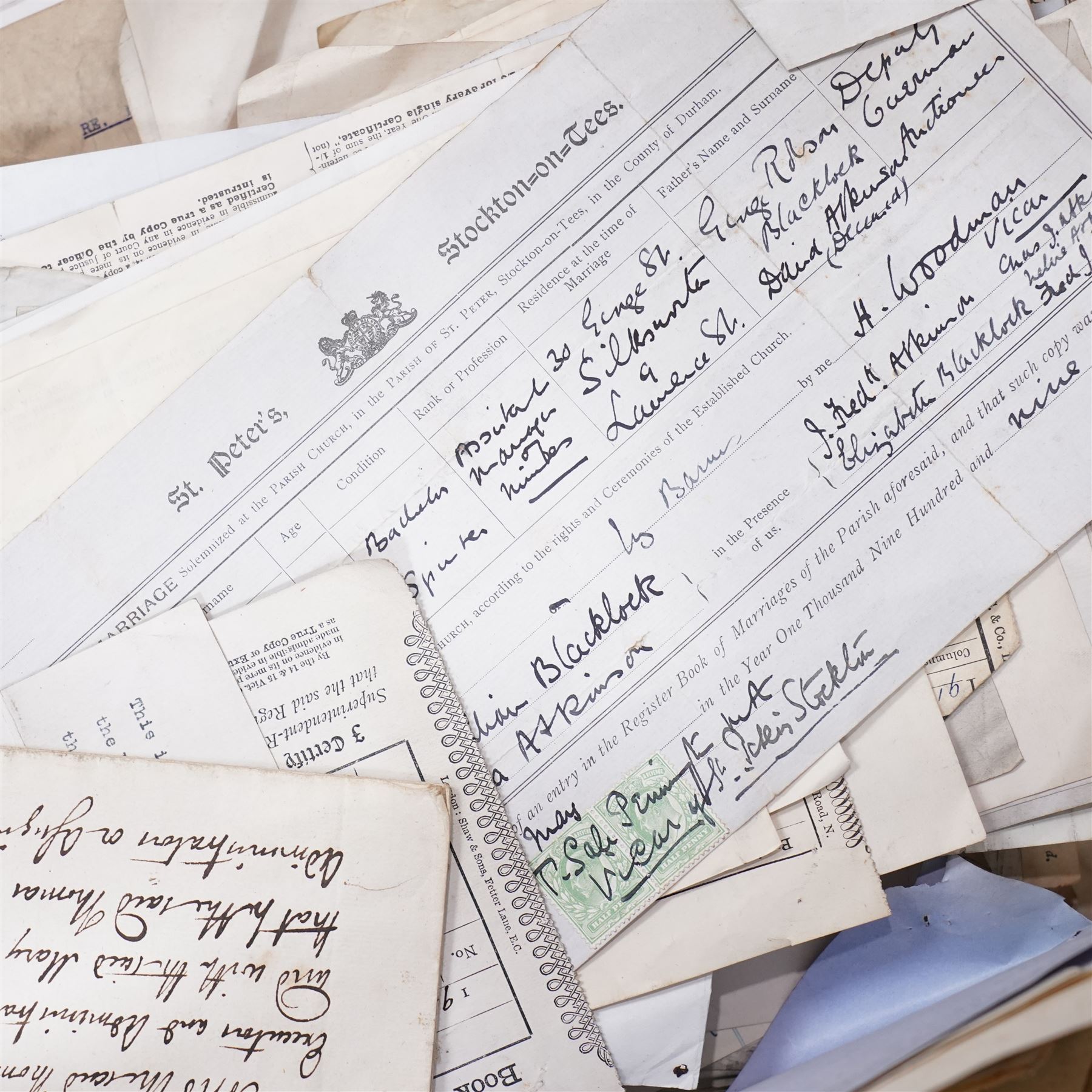 York and Yorkshire postal history and ephemera - large quantity of 19th and 20th century letters, postcards, stamped covers, empty envelopes, receipts, invoices, certificates, solicitor’s papers, estate papers and related ephemera, including York and Yorkshire addresses, Manor of Osbaldwick tithe rent-charge receipt, Joseph Peters & Sons solicitor material, marriage certificates, family correspondence, business invoices, Canadian/Montreal cover and various Victorian and later postal markings and stamps, in four large crates