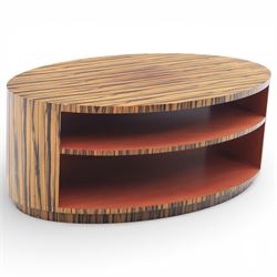 Toby Winteringham - Mid 20th century zebra wood coffee table, oval top with book matched s...