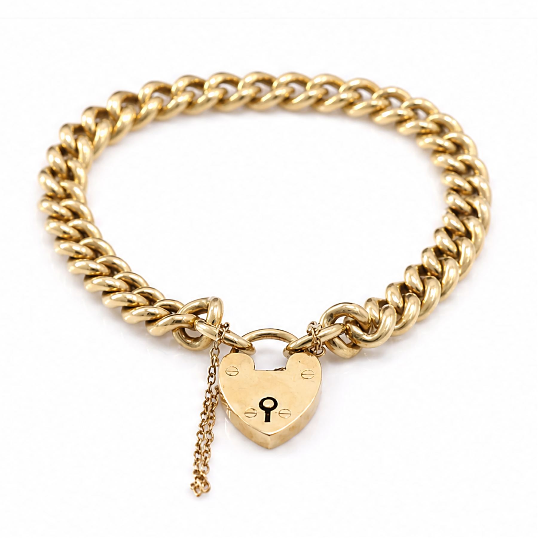 19th / early 20th century 18ct gold curb link bracelet, with heart locket clasp, stamped 18
