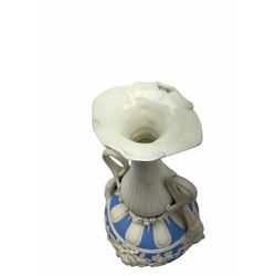 Victorian Parian ware twin handled vase detailed with Bacus masks fruiting vines and floral sprays H36cm, together with a Parian jug H14.5cm, classical Parian sculpture H40cm, decorative plaque decorated in high relief depicting two children D18.5cm. 