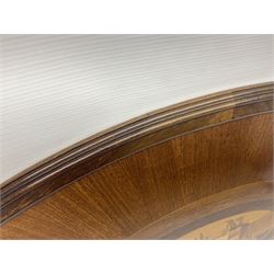 Late 19th/early 20th century mahogany and marquetry inlaid tray, of oval form with twin scrolled handles and moulded border, the central panel inlaid with figures seated at a table drinking tea, L99cm