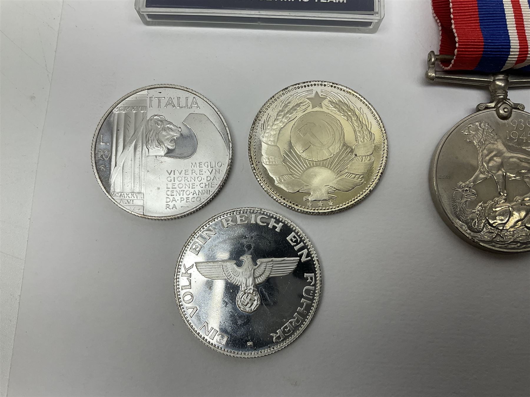 WW2 group of three medals comprising 1939-1945 War Medal, France & Germany Star and 1939-1945 Star; all with ribbons; 1930s Hull Savings Bank silver and enamel presentation fob; three medallions depicting Hitler, Mussolini and Mao Tse Tung; quantity of modern crowns and other coins; and a 6mm Flobert style starting pistol