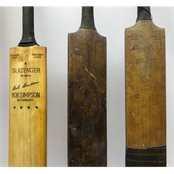 Cricket bat with Bob Simpson autograph, together with B Warsop Hendren autographed bat, another bat and six stumps and bales