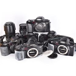 Six Minolta Dynax SLR camera bodies, comprising 800si serial no. 62703606, three 7xi examples, including one boxed example, serial nos. 20106944, 16123311 & 22107553, and two 9xi examples, serial no. 18209901 & 18202113, with three Minolta lenses, including Zoom xi 28-105mm 1:3.5(22)-4.5 lens, AF Zoom 28-85mm 1:3.5 (22)-4.5 lens and an AF Zoom 75-300mm 1:4.5(32)-5.6 lens, Hama carry case and other accessories