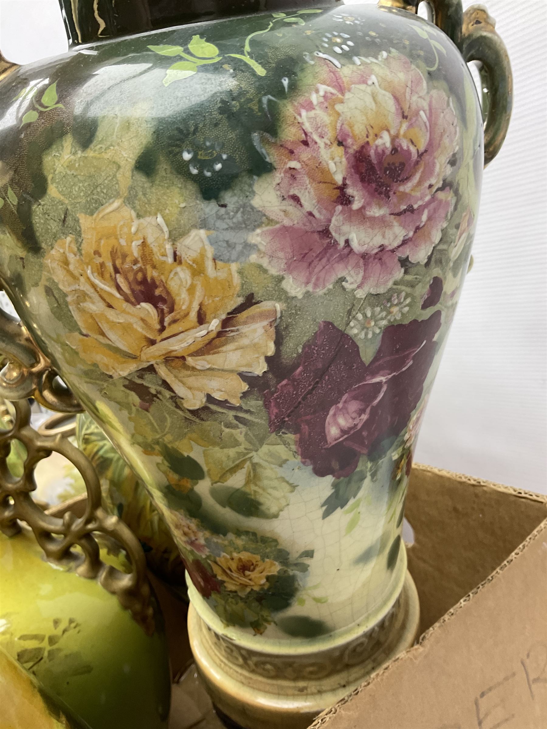 Continental hand painted vase, together with eight large Victorian vases, including some St Louis Artware examples and a pair painted with swans, tallest H50cm