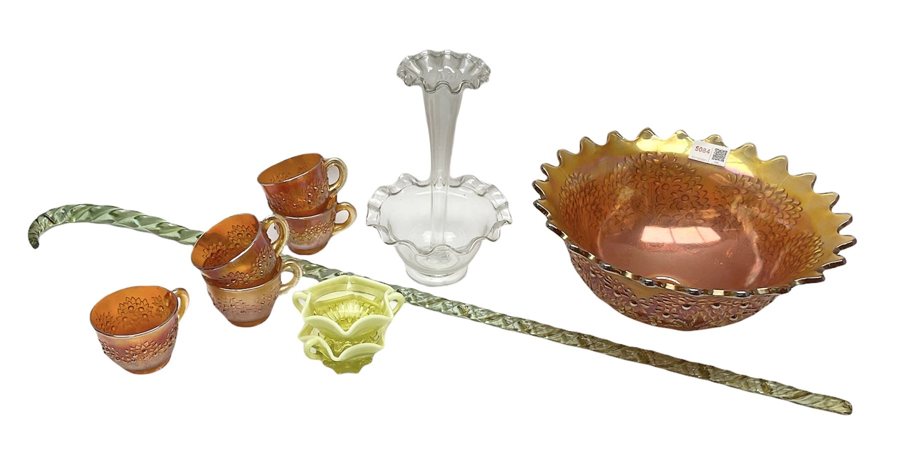 Amber carnival glass punch bowl and five cups with lustre finish, glass epergne with frilled rim and tall central trumpet, two lemon vaseline twin handled cups and a Victorian frigger cane, H87cm