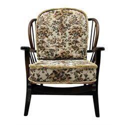 Joynson Holland - pair of mid-20th century stained beech framed easy chairs, shaped back and flat armrests over floral tapestry cushioned seat and back, on splayed supports united by stretcher