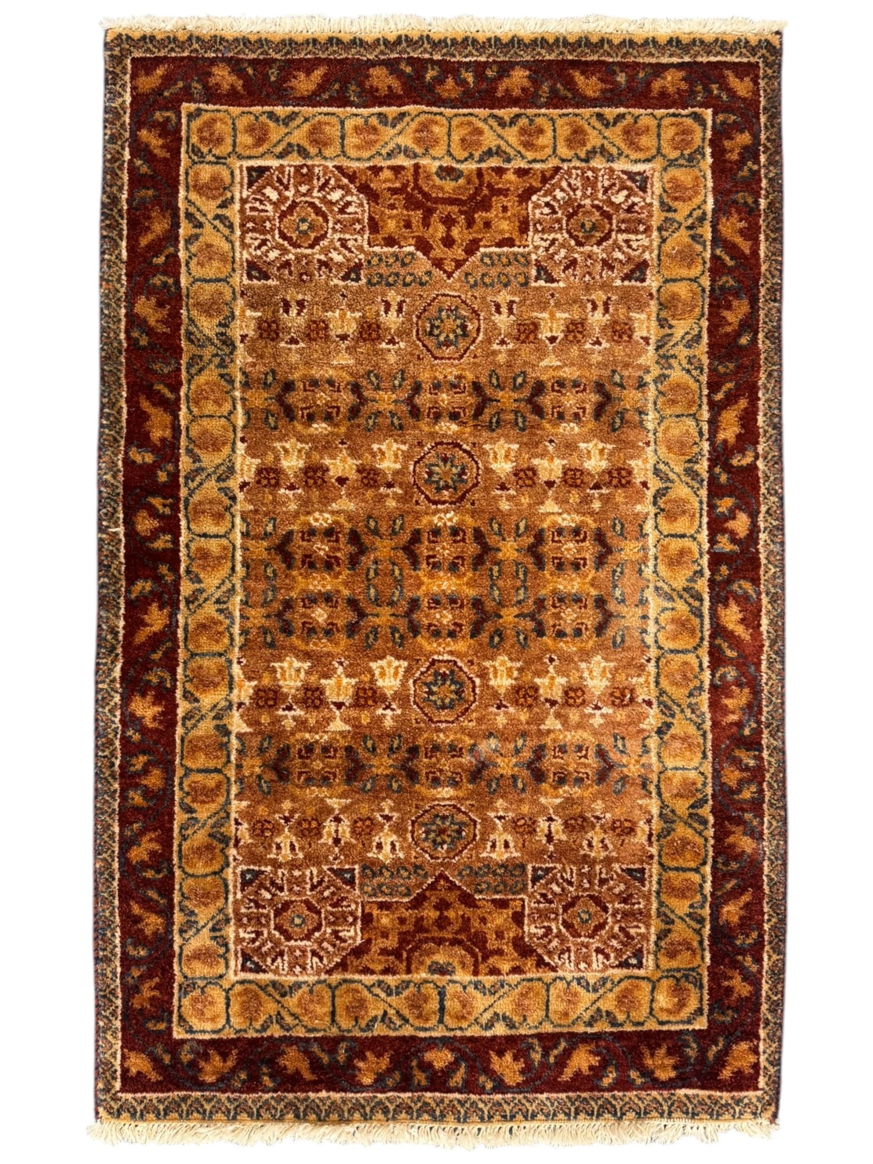 Persian Heriz wool rug, red and ivory field with floral medallion, geometric spandrels, and floral border (157cm x 107cm); Kurdish Shairwan wool rug, red and navy field with three medallions, geometric crosses and serrated border (200cm x 155cm); Persian Qashqai wool rug, golden-yellow field with boteh motifs and wide floral border (127cm x 82cm)