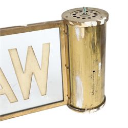 Way Out sign, from cinema or theatre, the central glass panel market Way Out, with brass border and two cylindrical brass mounts for lights to each end, H25cm, L81cm 