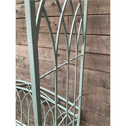 Regency design wrought metal arch and bench, decorated with arched gothic window design, strap seat and straight supports, in teal finish - THIS LOT IS TO BE COLLECTED BY APPOINTMENT FROM DUGGLEBY STORAGE, GREAT HILL, EASTFIELD, SCARBOROUGH, YO11 3TX