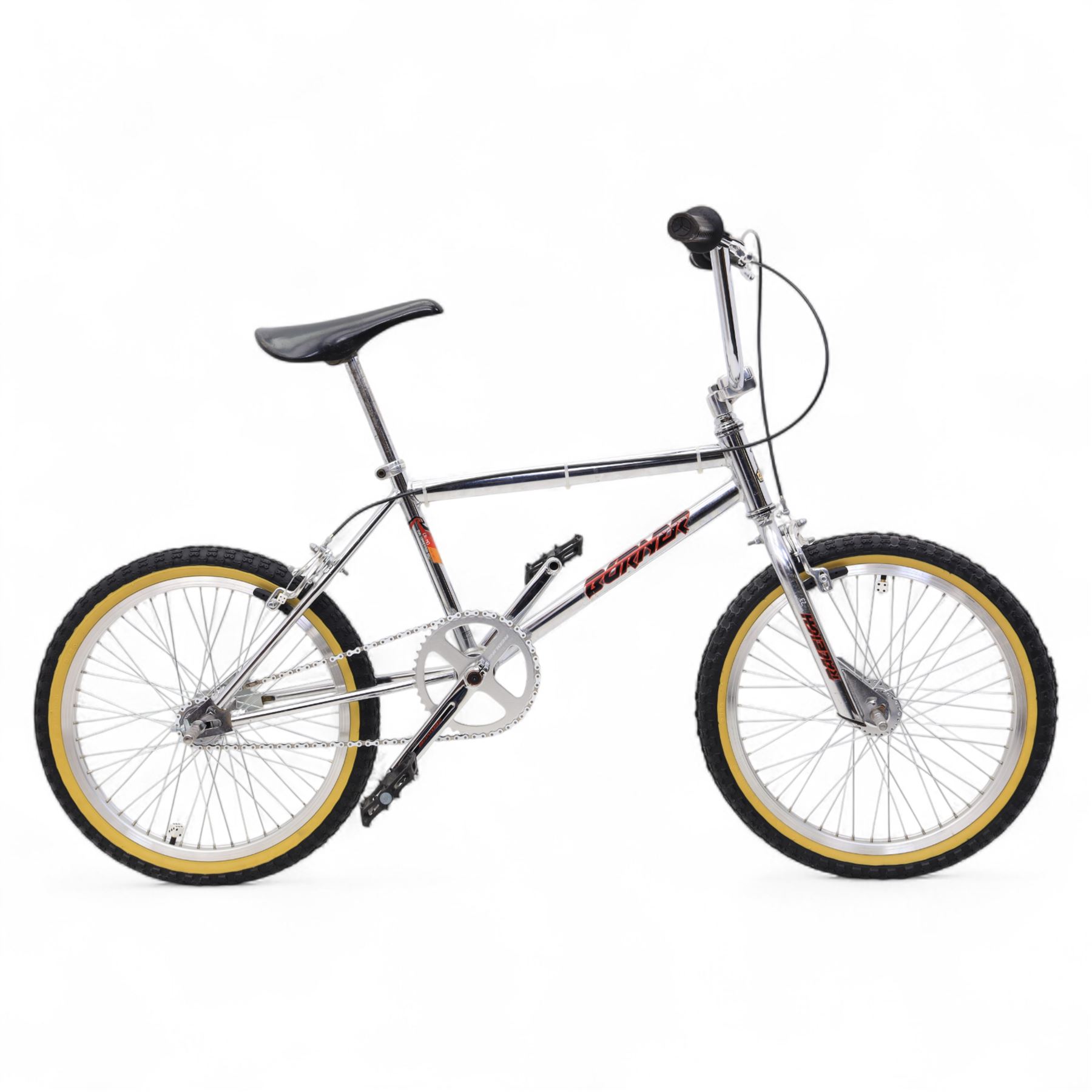 1980s Raleigh Cromo Burner BMX bike, with some original and some upgraded parts, including Oval Competition section frame and fork, Tange black rubber grips, Redline chain wheel, DMR Bikes V6 pedals and Duro Nylon F-075 tyres