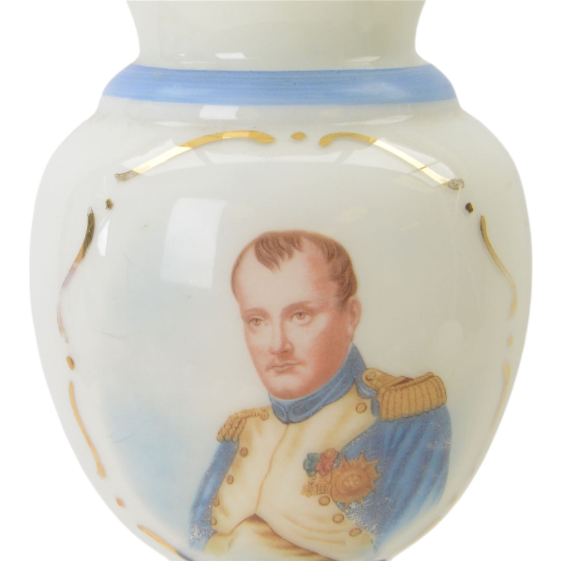 Victorian opaline glass oil lamp, with transfer printed decoration of Napoleon Bonaparte and his wife Josephine, H60cm