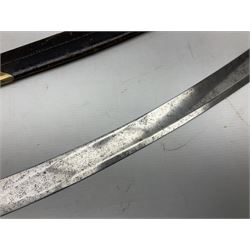 British pattern 1796 Light Cavalry Officer's sword, the 83.5cm curving steel blade marked 'W. Parker London' and 'Warranted' verso, brass stirrup hilt with half-round langets, knucklebow and backstrap with ribbed ivory grip; in brass mounted leather covered scabbard with two suspension rings L97cm overall. This item has been registered for sale under Section 10 of the APHA Ivory Act 