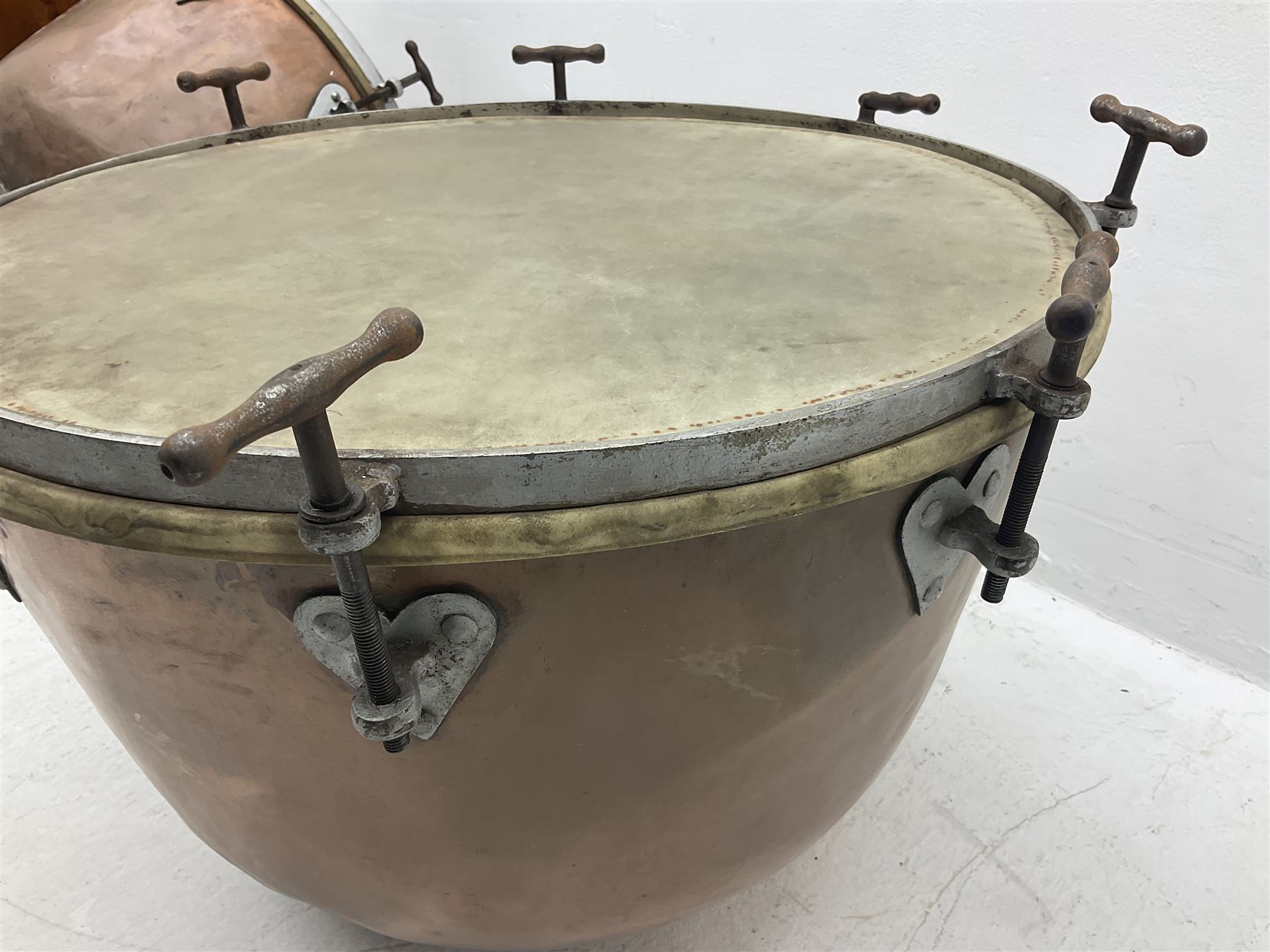 Pair of vintage copper timpani drums D65cm H46cm (2)