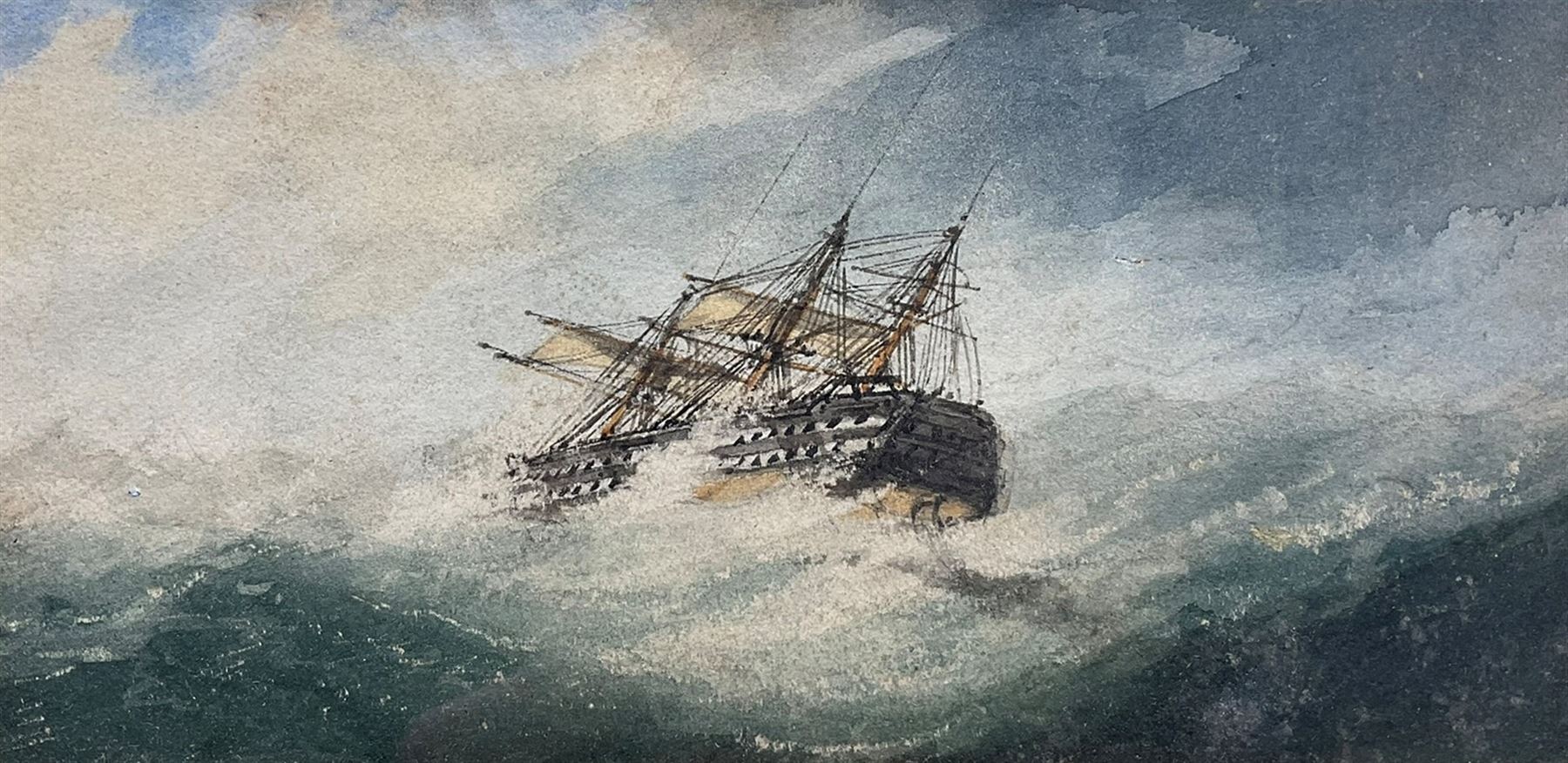 English School (19th century): Ship Floundering in High Seas, watercolour unsigned 9cm x 18cm
