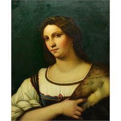 After Sebastiano del Piombo (Italian c.1485-1547): Half Length Portrait of a Lady in a Fur-trimmed Coat - 'La Fornarina', early 19th century oil on canvas unsigned 65cm x 52cm, housed in ornate giltwood and gesso frame with moulded acanthus leaves, overall 100cm x 87cm
Notes: the original, previously attributed to Raphael, is held in the Uffizi Gallery, Florence.