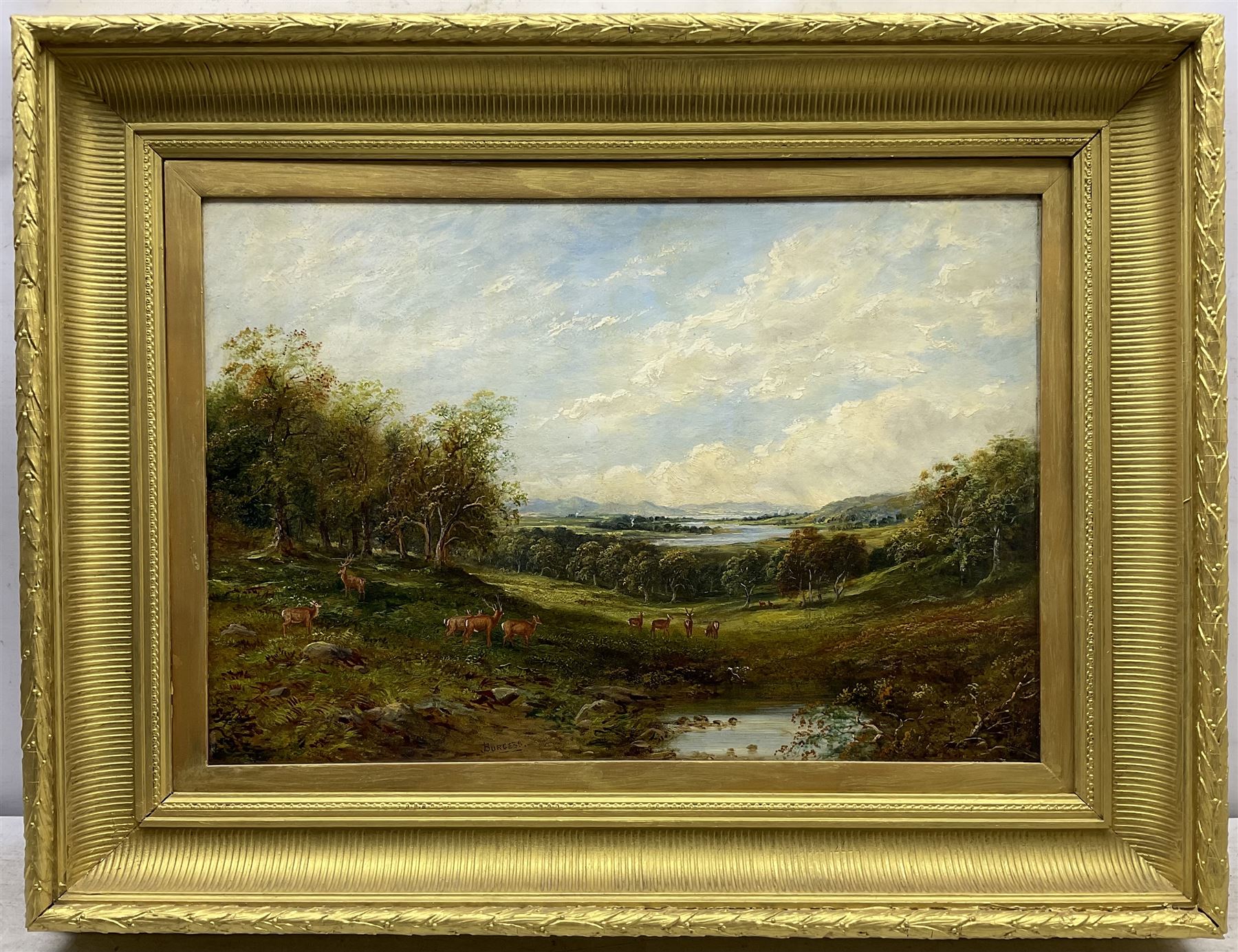 J Burgess (19th century): Scottish Landscape with Deer, oil on board signed 43cm x 63cm