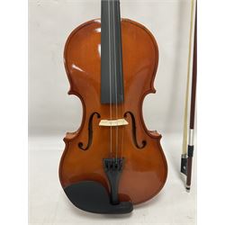 Full size violin with a maple case and ebonised fingerboard and fittings, with bow and hard case length 60cm
