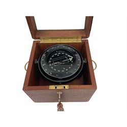 Sowester Bosun compass suspended in a gimbal frame, in fitted oak case, with a glass lid, H21cm, L23.5cm