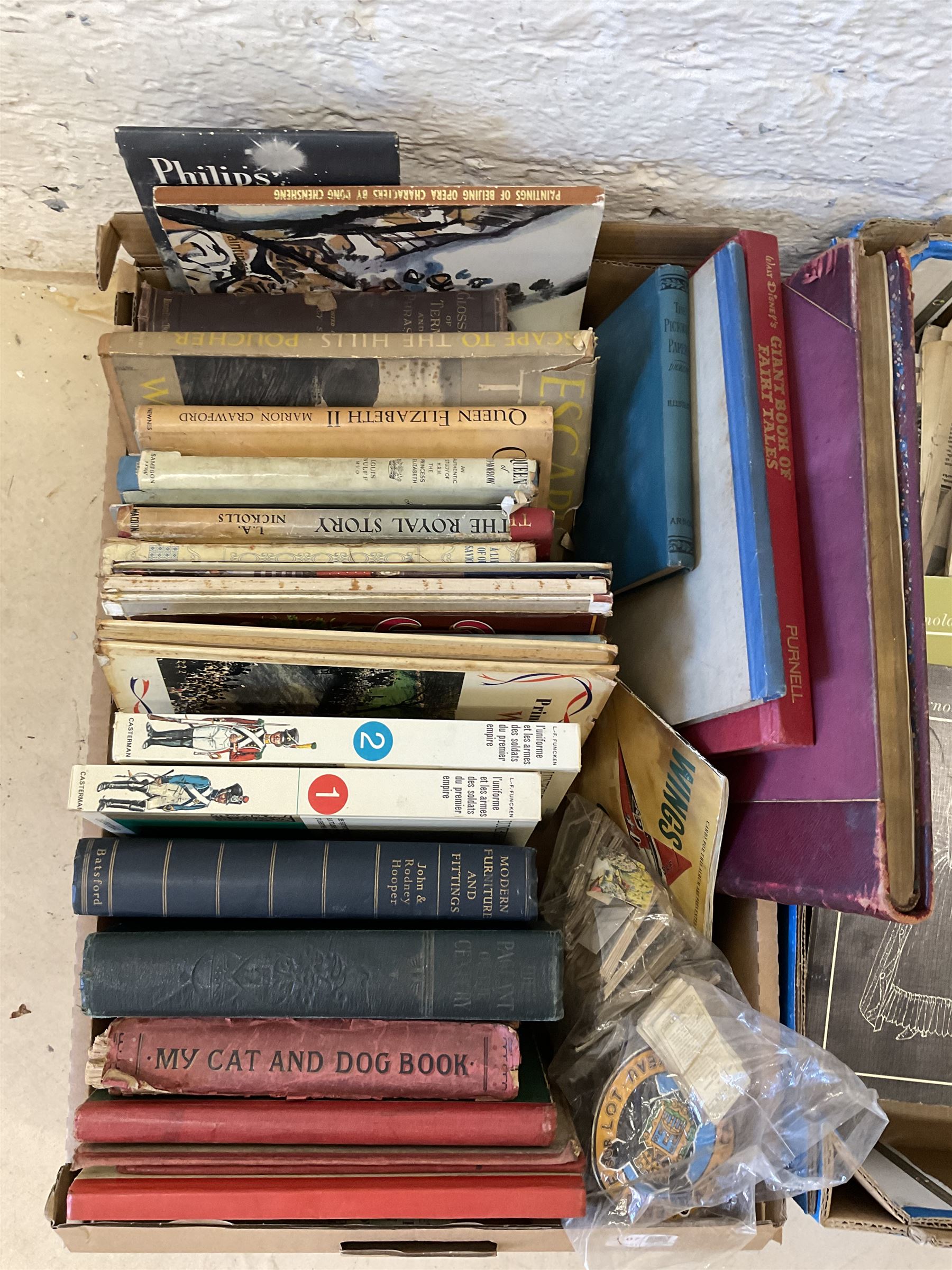 Assorted books, to include Janet Arnold Patterns of Fashion 1 and 2, a quantity of Royal Family related books and magazines, and a small number of children's books, etc., plus a quantity of cigarette cards, including examples by Wills, and Players.