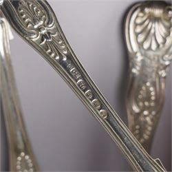 Set of six George IV silver Kings pattern dessert spoons London 1825 Maker Charles Eley  and four 19th century Kings pattern silver dessert forks, various dates