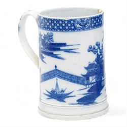 Early 19th century pearlware blue and white willow pattern tankard, possibly Swansea Pottery, together with another 19th century pearlware tankard (2)