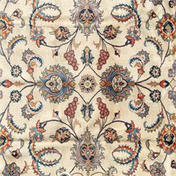 Persian Sarough carpet, ivory field with symmetrical arrangement of scrolling vines, palmettes and floral sprays in red, blue and green, enclosed by a broad red main border with repeating floral motifs, originating from the Arak region of Iran