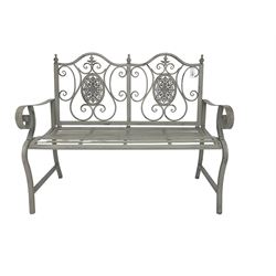 Regency design grey finish wrought metal two-seat bench, strap seat, the back with rosette and scroll decoration, raised on cabriole supports