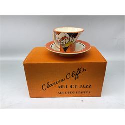 Two limited edition Bradford Exhange Clarice Cliff Age of Jazz beakers, no 289/4,999, with certificate, in box, together with a Moorland Art Deco Clarice Cliff style Huntley Cottage pattern teacup and saucer 