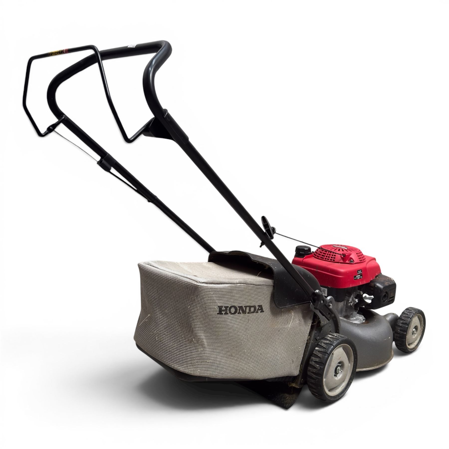 Honda -  GCV160 petrol lawnmower, Izy model, with rear grass collector, grey deck and red engine cover.