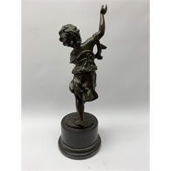 After E Plat, bronze modelled as a dancing child, signed E. Plat, upon cylindrical black marble base, H40cm