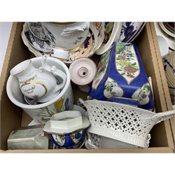 Twin handled cache pot in the style of Herend Hungary, stamped VA Portugal, decorated with birds upon branches, Mason's Ironstone large footed bowl in the Mandarin pattern, Spode Gainsborough bowl, Royal Doulton Bird of Paradise plate c1938 D4602, lustre plates, Aynsley, oriental style lidded vase, Portmeirion, lattice creamware, J & G Meakin Sol, Wedgwood, studio pottery, Spode York Minister boxed plate etc