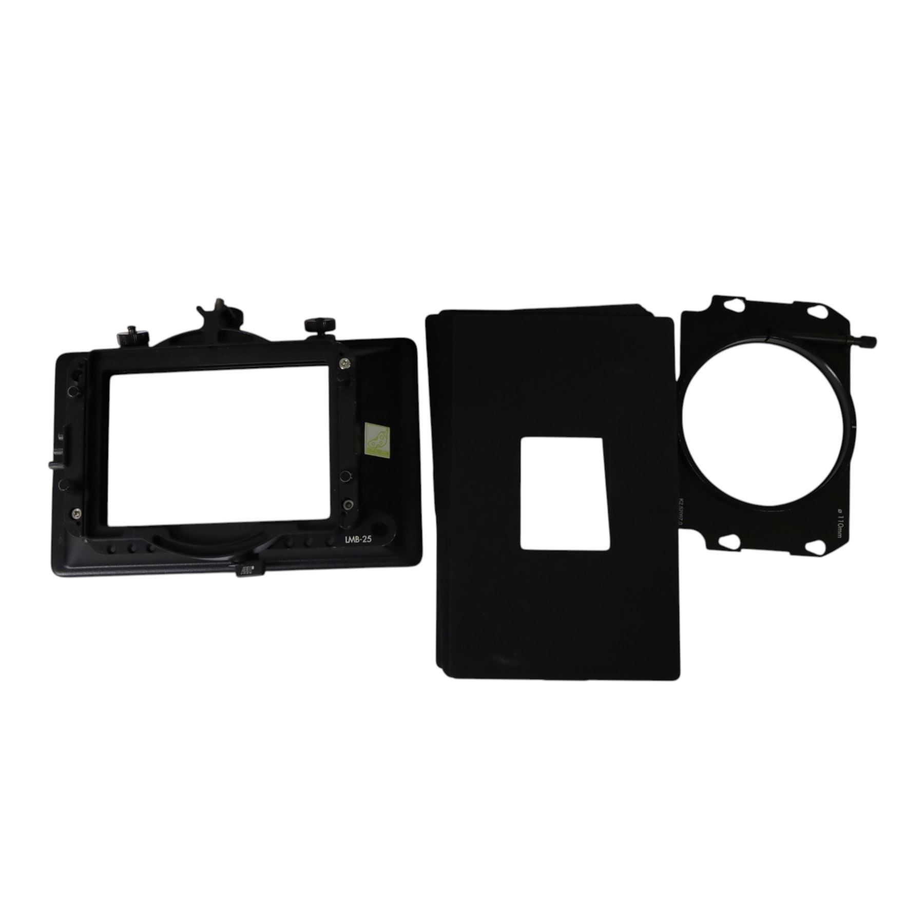 Arri LMB-25 kit comprising LMB-25 Matte Box with three filter stages, one top light shield, two clamp-on adapters one 87mm and one 110mm and five masks, in a custom cut Peli 1500 case