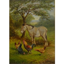  Hens and Donkey in a Woodland Landscape, 20th century oil on canvas signed H Clarke 35cm x 24cm  