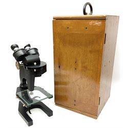 Charles Perry binocular microscope 'Classic No 1', with pitchfork base and rack and pinion focusing, in original fitted mahogany case with additional lenses, H44cm