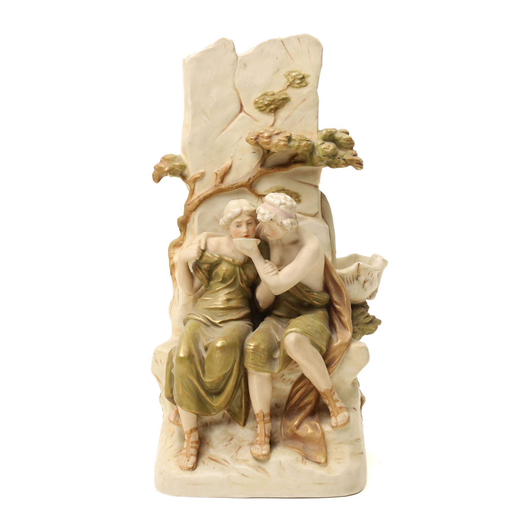 Royal Dux figure of seated male and female figures drinking by a well with gilded decoration H37cm