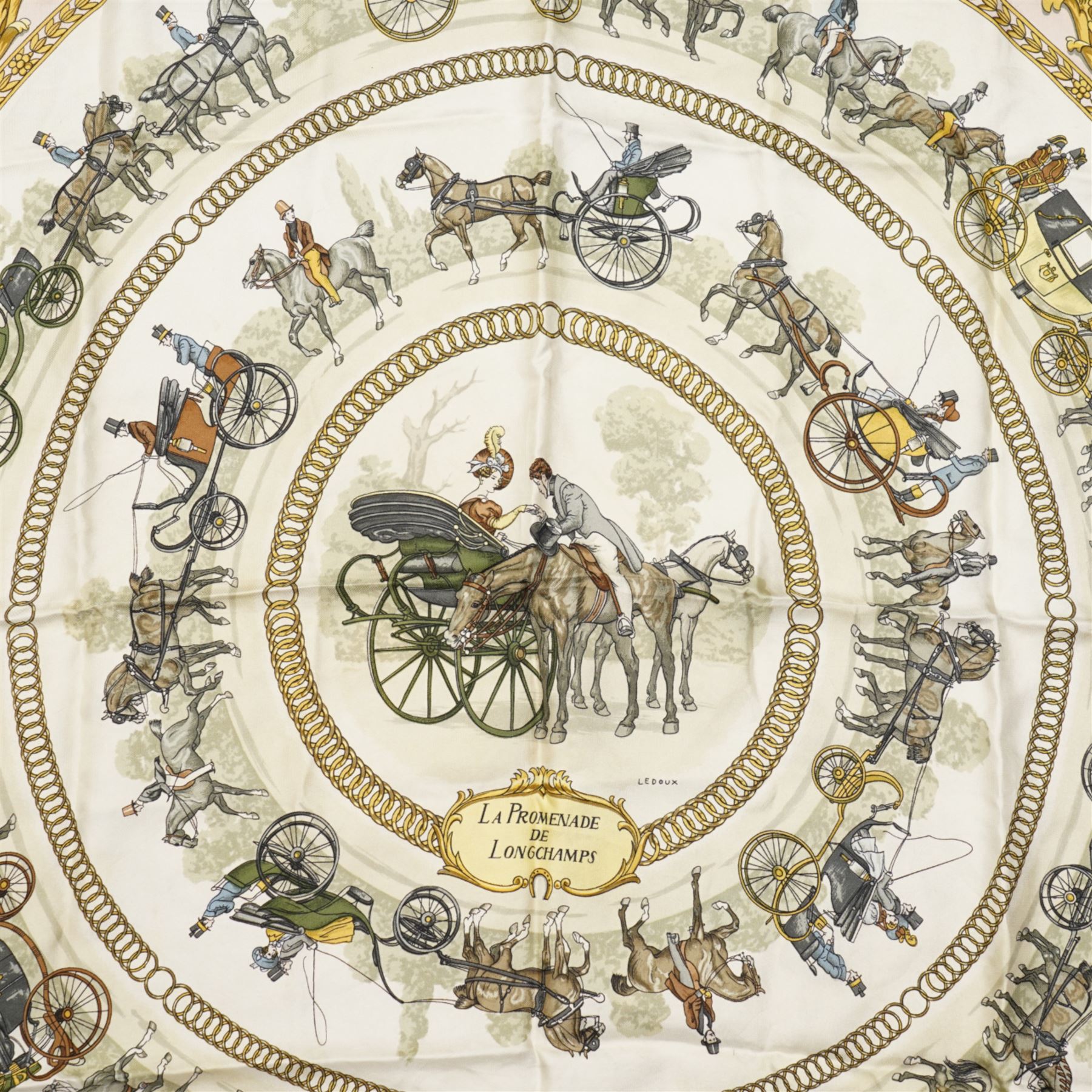 Hermes 'La Promenade de Longchamps' silk scarf in the cream pink and gold colourway, designed by Philippe Ledoux, 86cm x 86cm