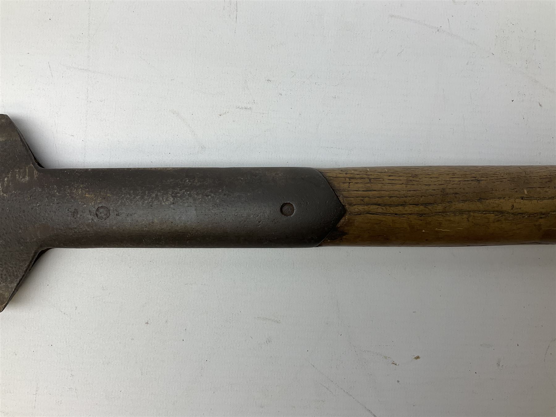 Estwing Black Eagle style double bit throwing axe with leather grip, virtually mint with labels present, plastic blade protectors and nylon sheath L43cm; another smaller Estwing axe stamped 24A to the pommel, with leather grip and sheath; and a vintage short handled hedge knife, the blade stamped IH (?) No.2 (3)