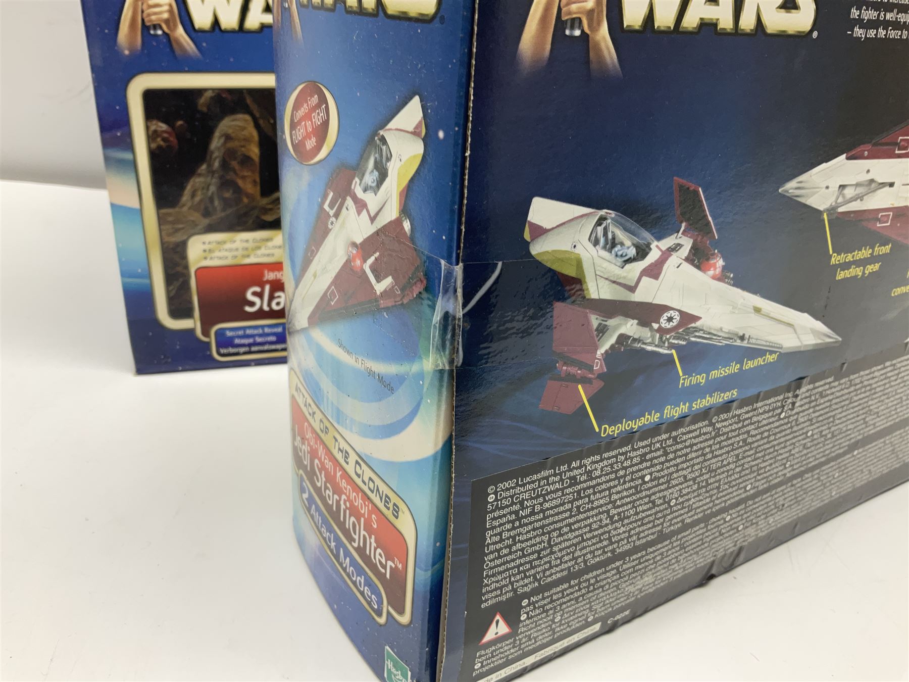 Star wars - Attack of the Clones - Jango Fett Slave 1; Obi-Wan Kenobi's Jedi Starfighter; Reek Arena Battle Beast; Acklay Arena Battle Beast; two x Anakin Skywalker Speeder; and Zam Wesell Speeder; all in sealed boxes (7)