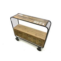 Industrial design pine and metal framed storage trolley
