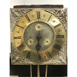  Late 18th century oak and mahogany banded 30 hour longcase clock 10in square brass dial with single hand inscribed Iohn Wawne, 30hr movement with bell strike, H214cm  