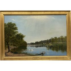James Roberts RBA (British 1837-1909): 'Waterloo Lake Roundhay Park Leeds', oil on canvas signed and dated 1872, 80cm x 120cm
Notes: Roberts a neglected Yorkshire artist, was baptised at St Peter's, Leeds, son of Samuel and Sarah Roberts. He exhibited eight works at the Royal Society of British Artists in Suffolk Street London. A member of the Ipswich Art Club 1889-1891 and  in 1889 he exhibited five pictures from 11 Park View, Potternewton, an area of Leeds bounded by Roundhay Park, including 'Early Morning on the Gipping', the River Gipping runs from Ipswich through Stowmarket. In 1890 he exhibited four pastels including 'Bolton Abbey on the Wharfe' and 'Druid Circle, Keswick'. He died at Leeds in 1909